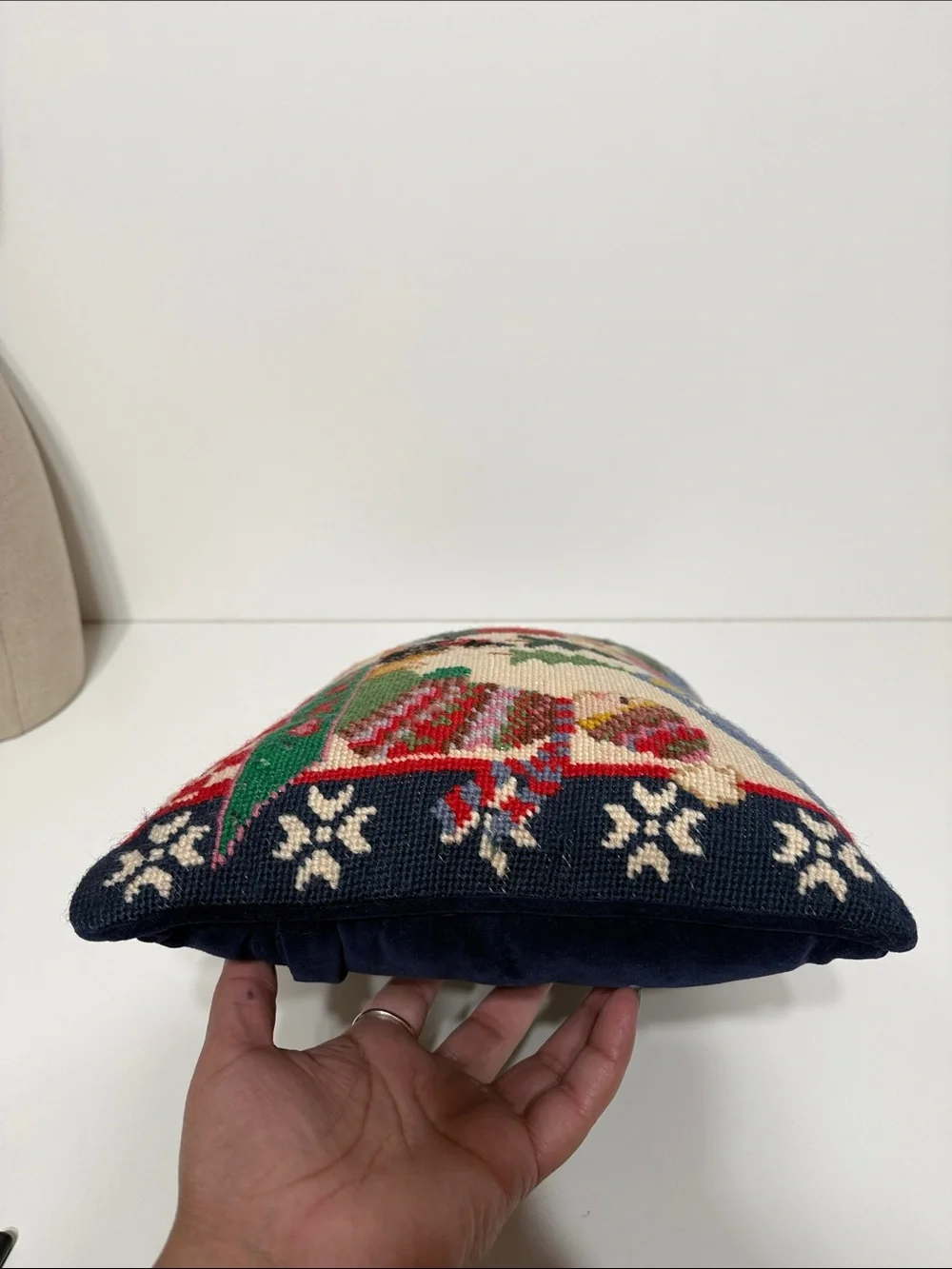 C&F Vintage Children playing in snow needlepoint wool throw pillow